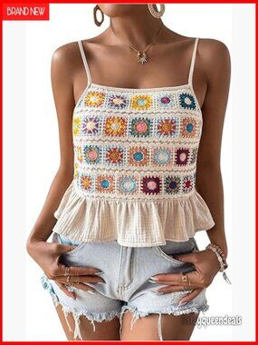Floral Crochet Ruffled Sleeveless Peplum Tank Top Boho Summer Slim Fit